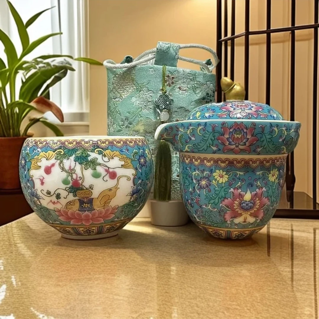 蓝色珐琅彩缠枝莲一壶一杯带包户外便携式旅行茶具