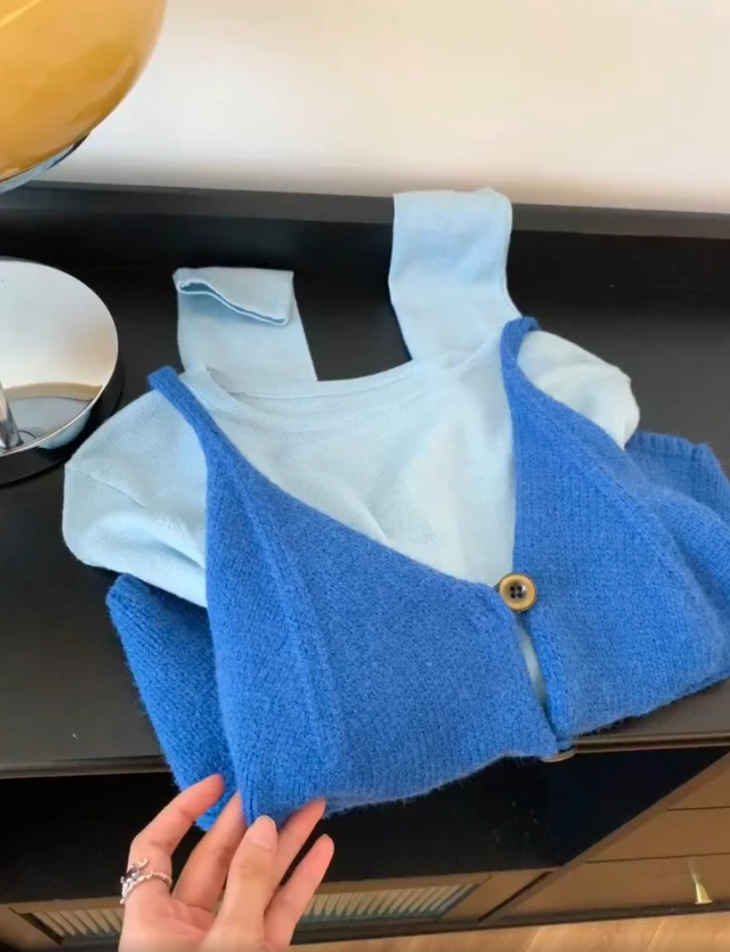 2025新款韩版ootd穿搭开春女长袖上衣针织吊带背心叠穿气质上衣