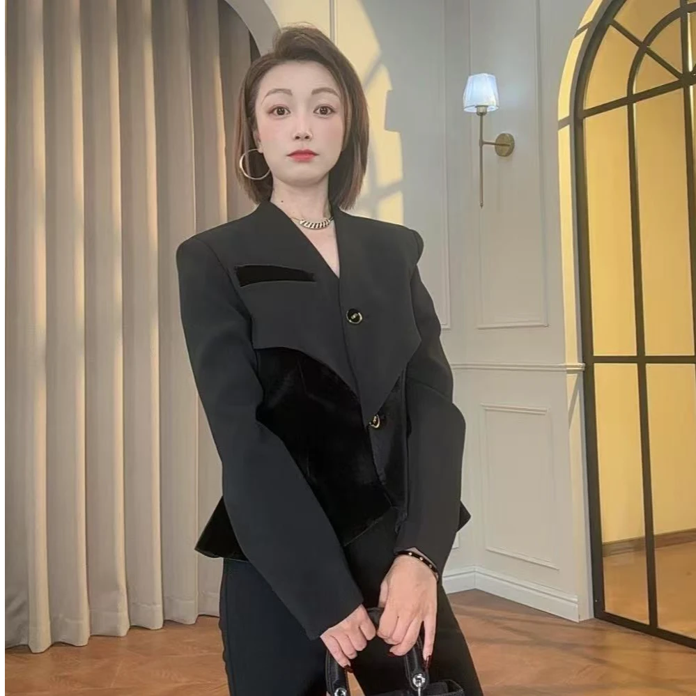 新款设计丝绒拼接外套收腰显瘦气质长袖西装35260