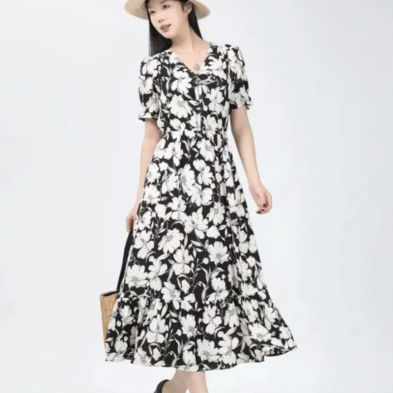 哥弟阿玛施正泡泡袖碎花夏季连衣裙荷叶边雪纺印花中长裙裙子印花