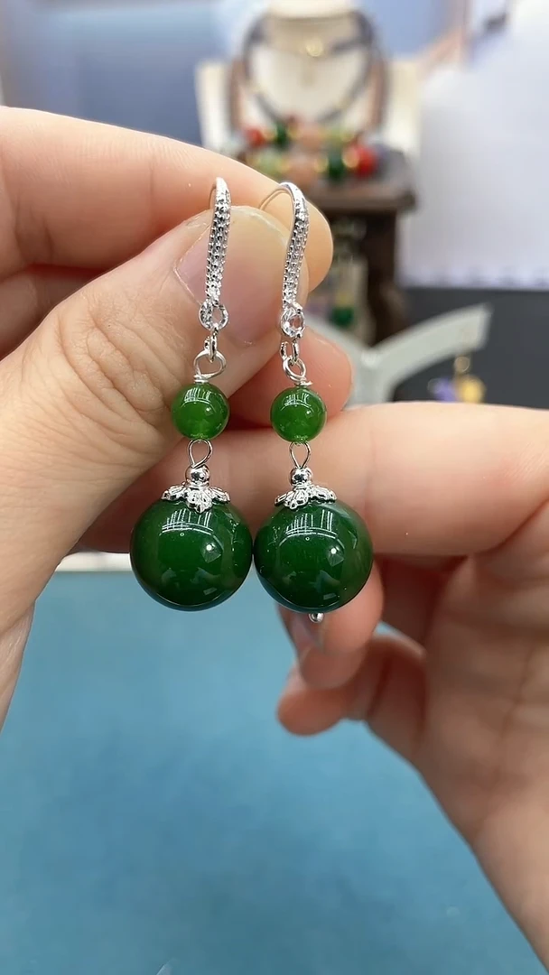 和田玉银S925镶嵌耳饰14mm碧玉耳钩*BY2