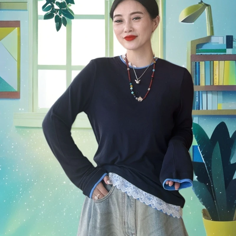 【SFF严选】GIOVANNI VALENTINO25秋冬不规则蕾丝拼接圆领T恤32012