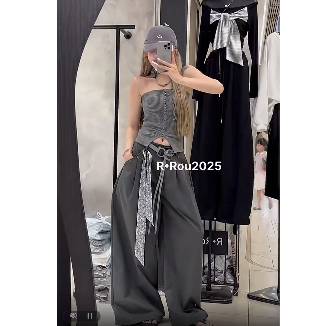 （配腰带）秋季美式复古高级感休闲弯刀百搭垂感阔腿拖地长裤西裤女