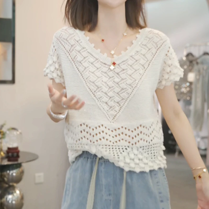 【风吹麦浪】2025春夏新款时尚重工手工镂空针织上衣LK2503109