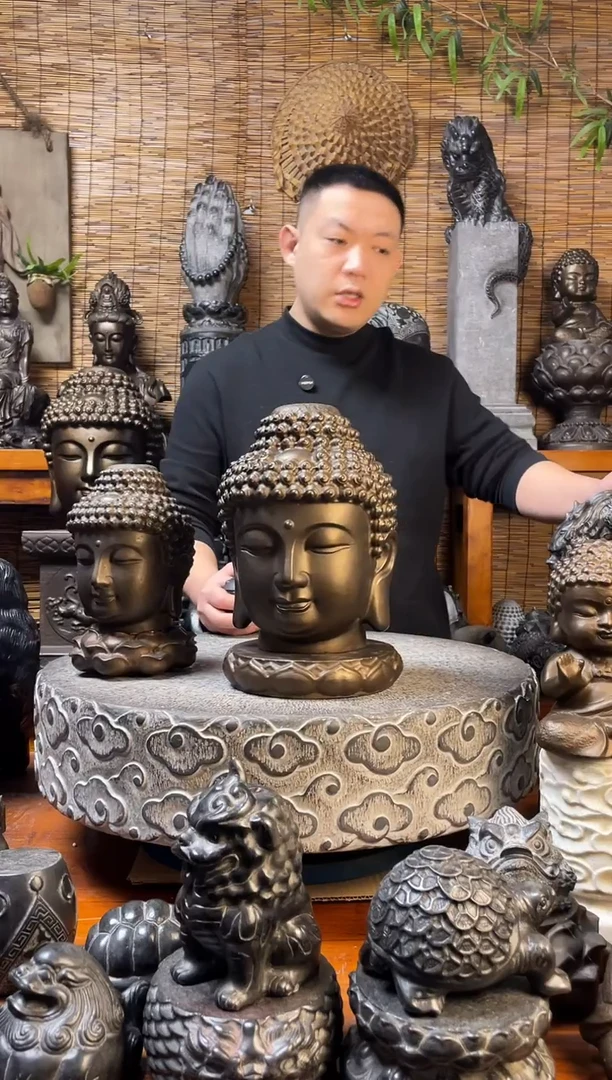 石材天然青石雕刻30佛头加底座