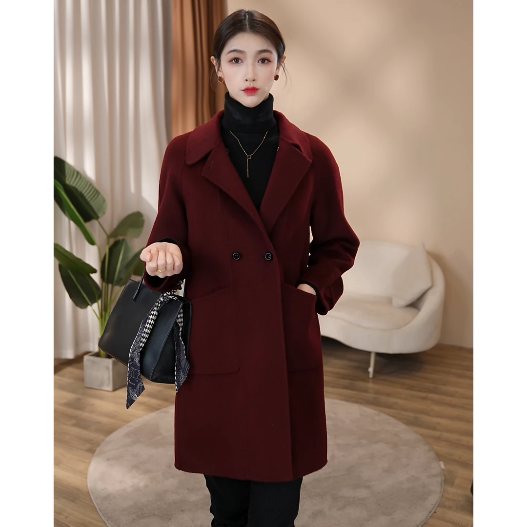 【曼贝】高端定制款绵羊毛大衣女时尚设计双面呢外套8484039【思涵】