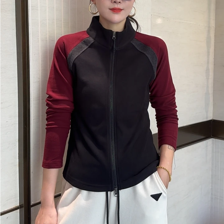 【众帆女装2】运动风拉链拼色保暖立领长袖T恤拼接户外秋季上衣