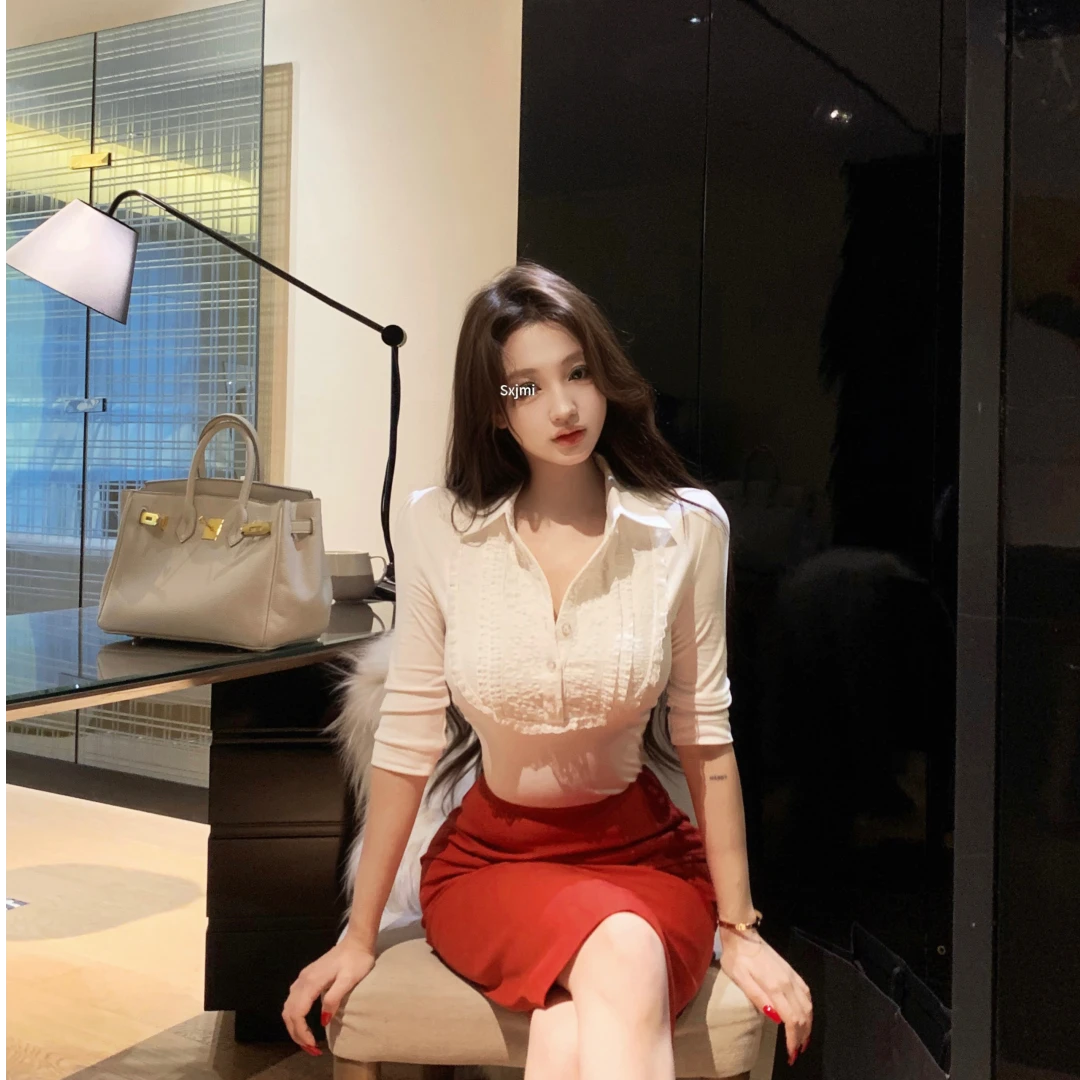 轻熟御姐风polo领设计感中袖上衣+红色修身显瘦包臀半身裙套装