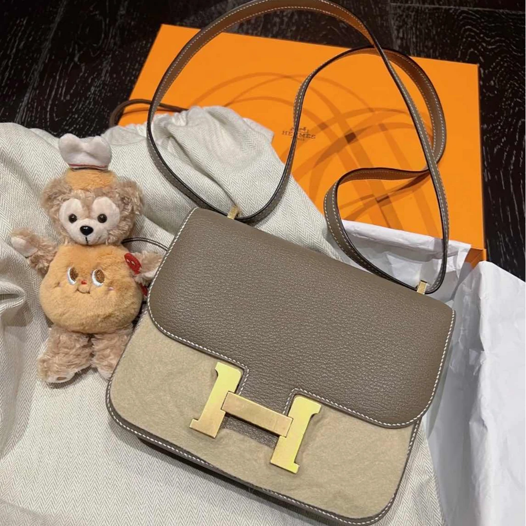 未使用 Hermes/爱马仕 小花6珊 康康 19 大象灰 山羊皮 K刻 金扣