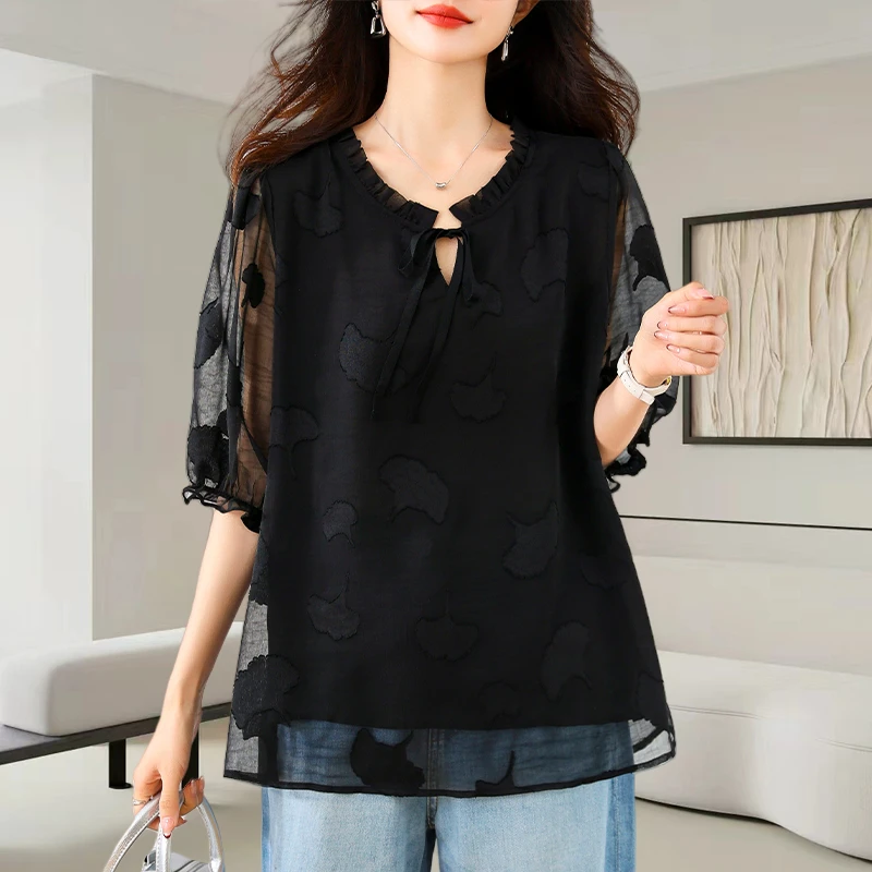 黑色V领五分袖雪纺衫女士2025夏季新款洋气减龄宽松显瘦气质上衣
