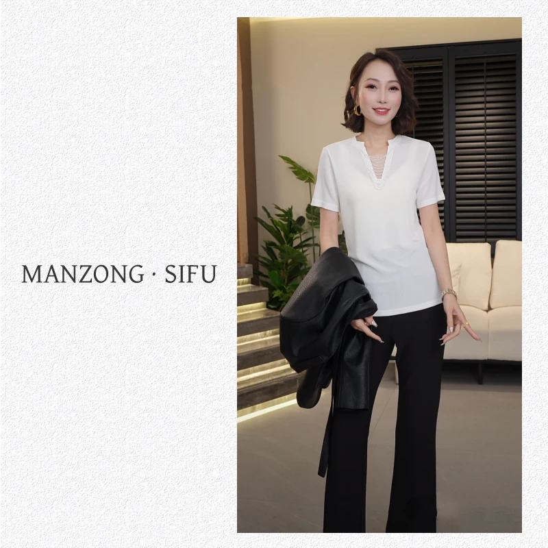MANZONG·SIFU「春季新款」时尚气质小v串珠T恤上衣13318