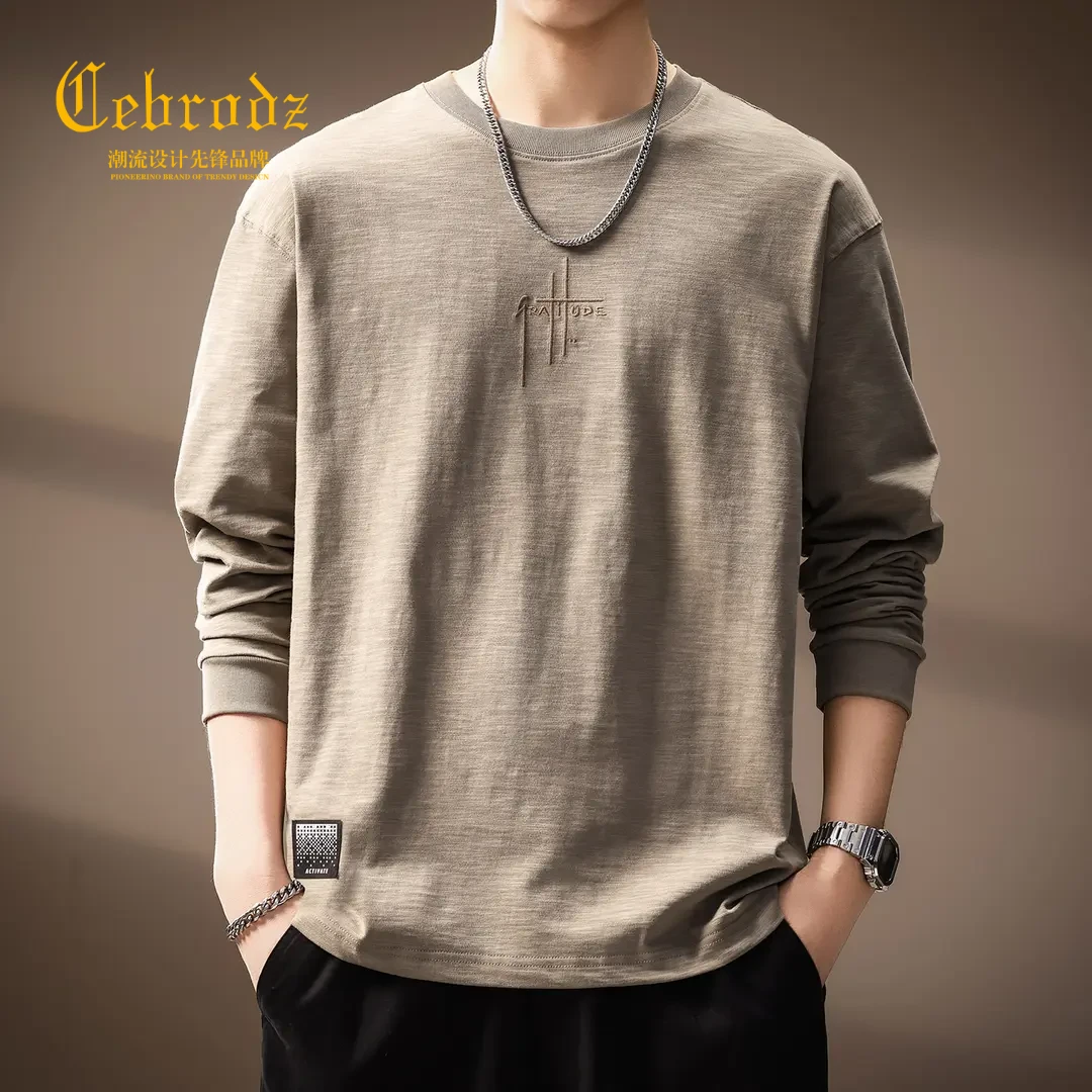法国Cebrodz高端竹节棉刺绣长袖T恤男潮流秋季新款宽松日系上衣