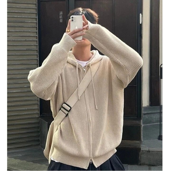 慵懒风简约连帽针织衫外套男秋冬季通勤穿搭韩系宽松高级感毛衣