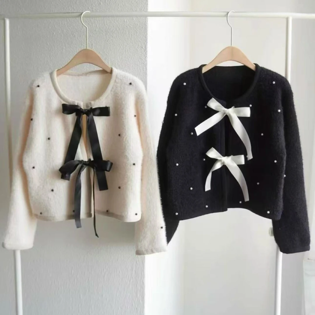 NICE圈圈、小香风蝴蝶结波点设计感重磅毛衣开衫A1200