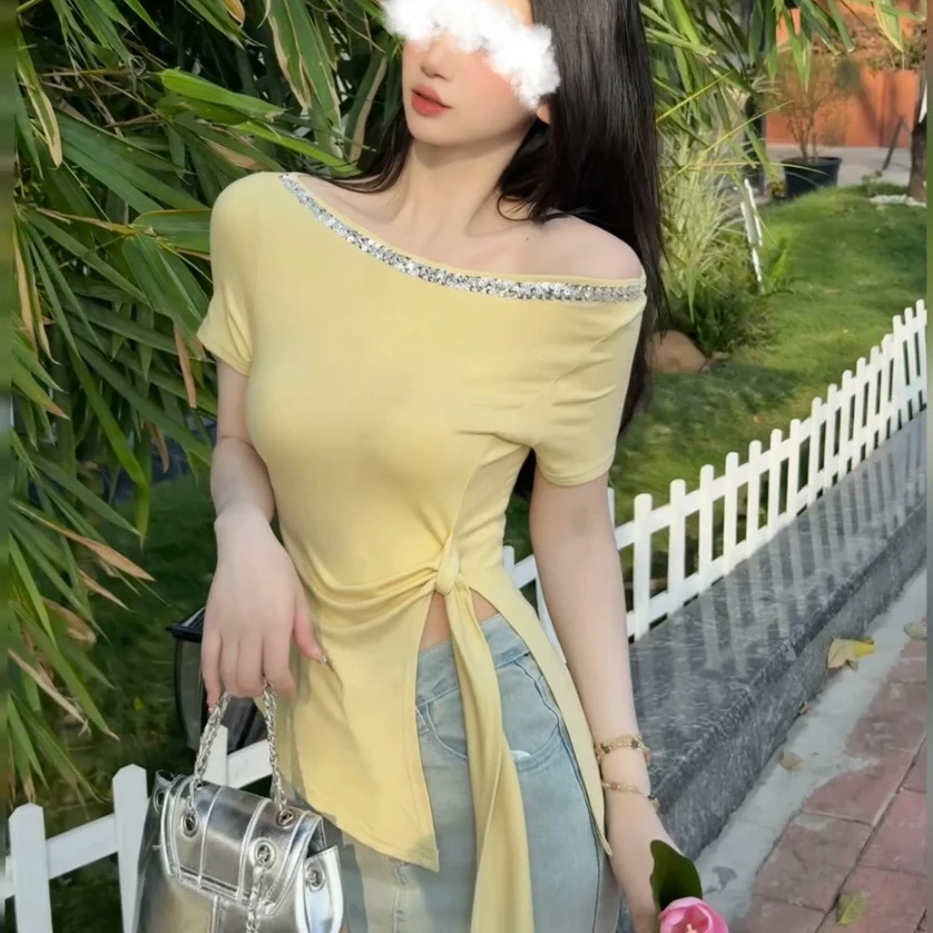 2025春夏季法式亮片一字肩不规则系带女设计感修身独特漂亮小衫