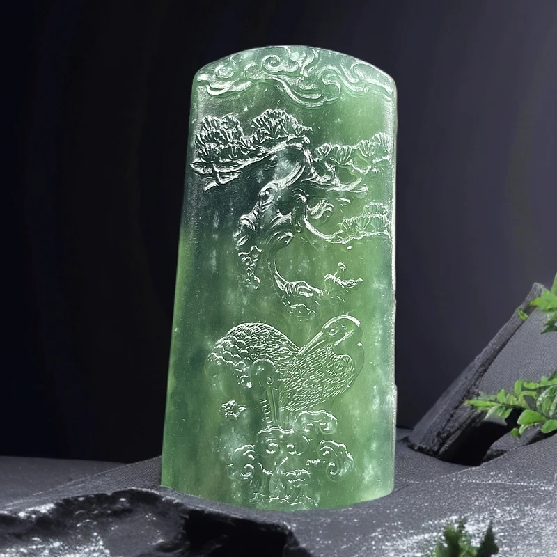 青色翡翠挂件松鹤延年吊坠送长辈寿礼男士玉牌绿色翡翠花鸟牌定制