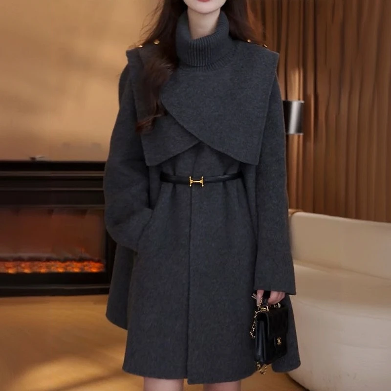 拉夏贝尔法式高级感短外套秋冬气质修身可拆卸斗篷中长款大衣