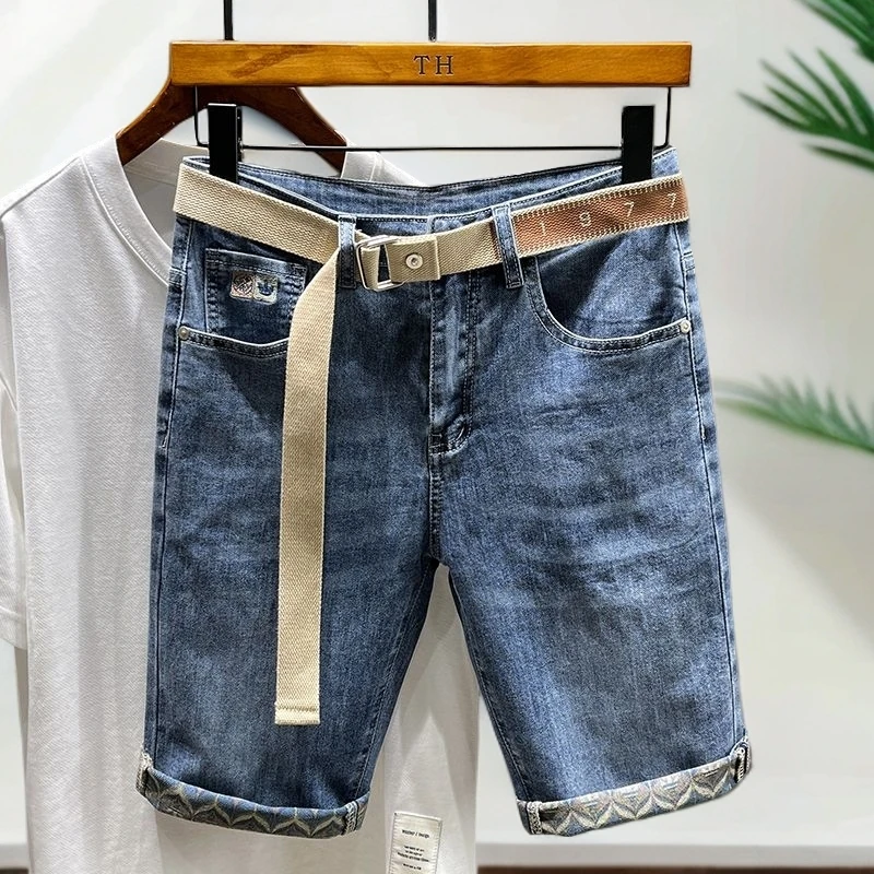 男夏季牛仔裤宽松直筒破洞五分裤薄款直筒中裤迷彩风百搭休闲潮流