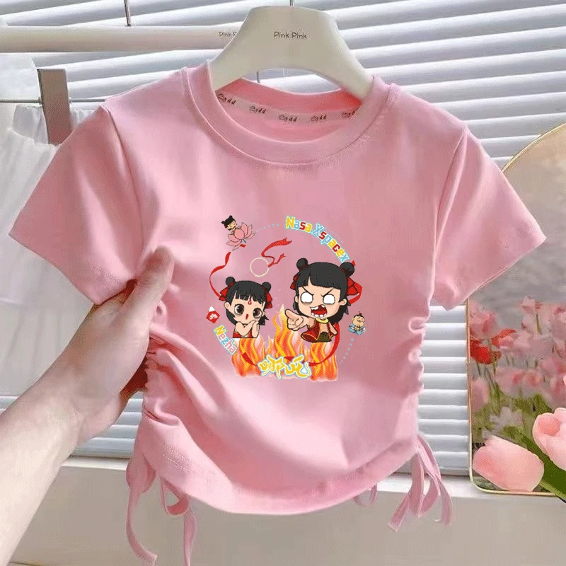 新款童装抽绳哪吒2025短袖T恤宽松女童纯棉印花夏季宝宝上衣夏装t