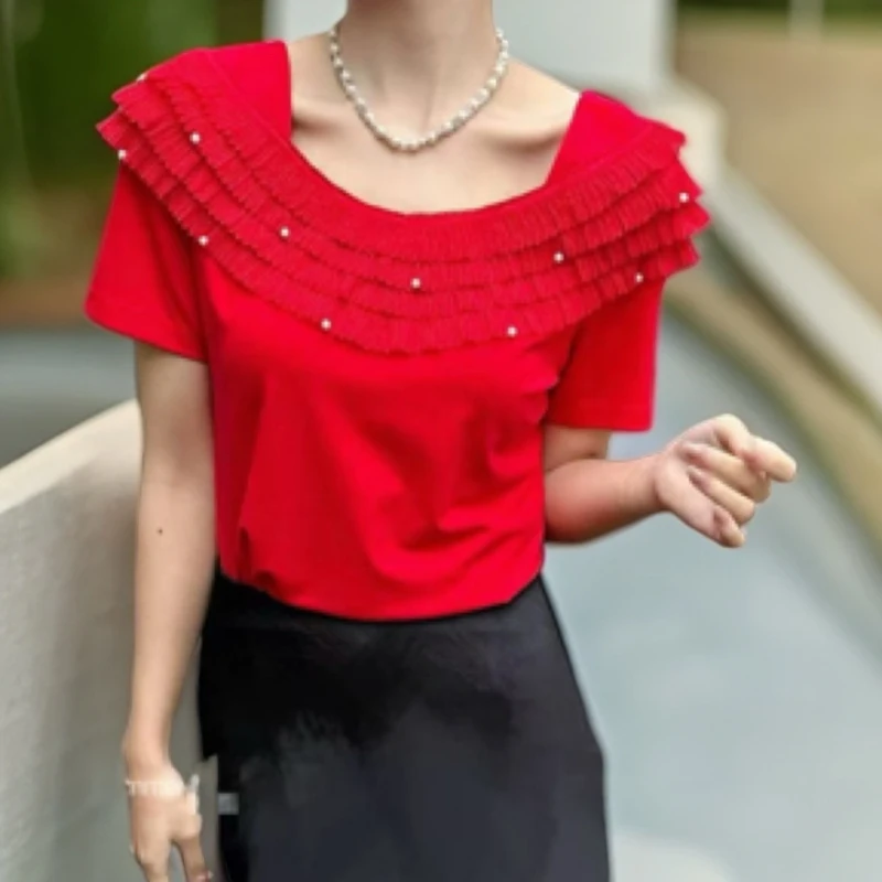 兰兰家方领少女风纯色短袖静奢风T恤夏季蕾丝