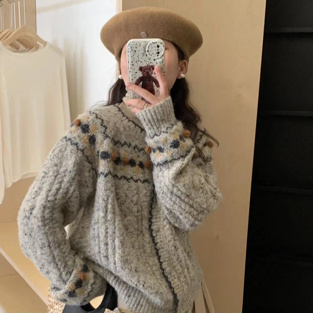 K1629 彩纱复古提花手工小球球针织开衫女秋冬