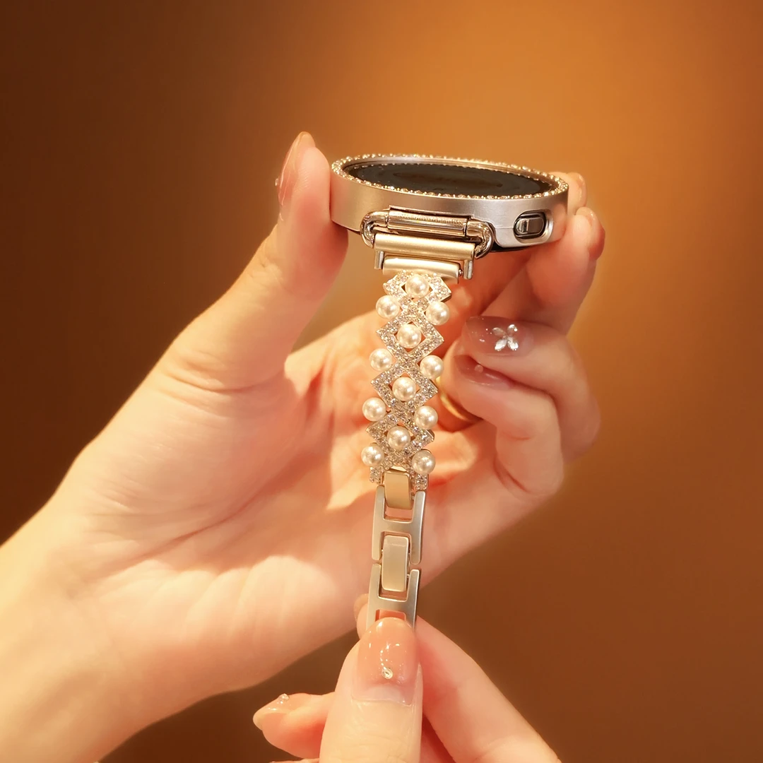 适用华为手表GT6女款表带新款蕾丝珍珠表带镶钻小香风表链GT5通用