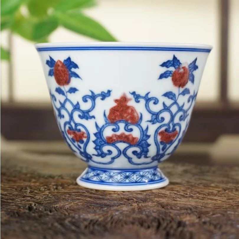 臻玉古坊青花原矿釉里红纯手工手绘带内绘景德镇点工摇铃杯高温