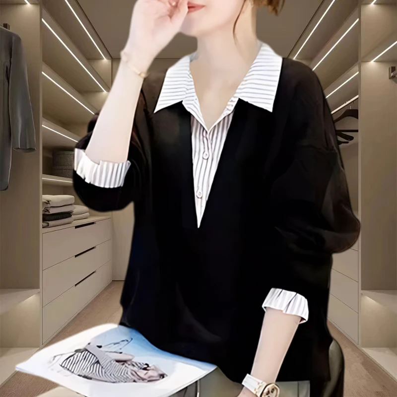 韩版时尚POLO领拼接假两件衬衫洋气2025早春爆款小众百搭休闲长袖