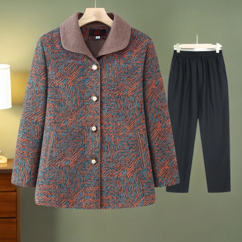 福态春秋中老年女装条纹妈妈装翻领秋装老人休闲风外套老太太上衣