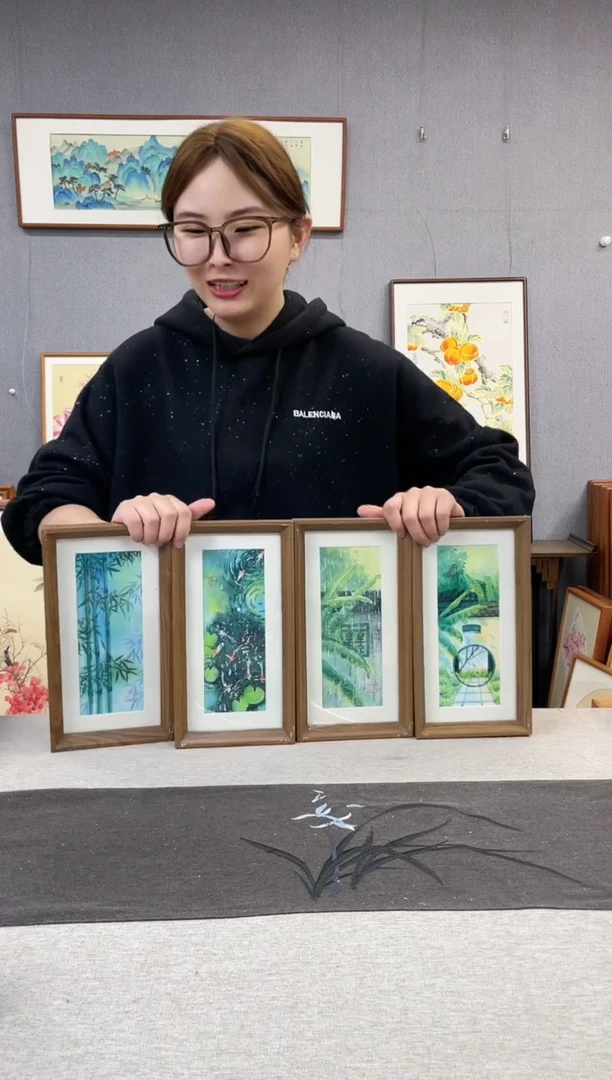 【闪购商品】国画手写手绘带框作品-16*29-四个一套