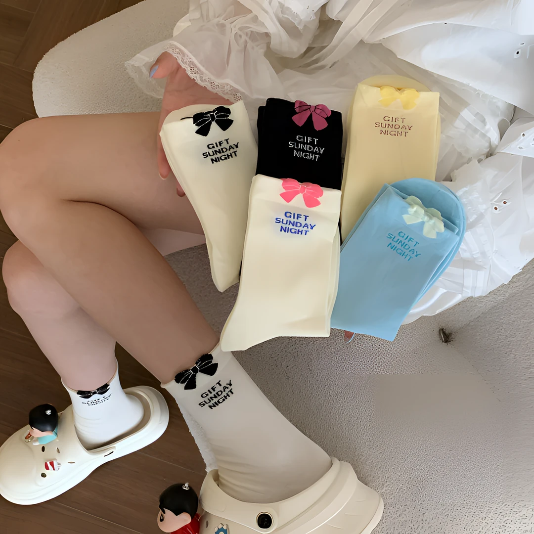 防滑字母女蝴蝶结夏季中筒中筒袜薄款刺绣法式可爱休闲风新款百搭