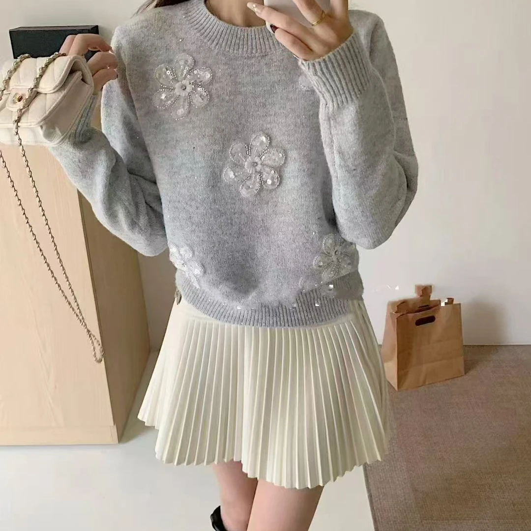 【晨雾百合】韩系秋冬新款重工立体花朵亮片针织衫法式气质短款毛衣