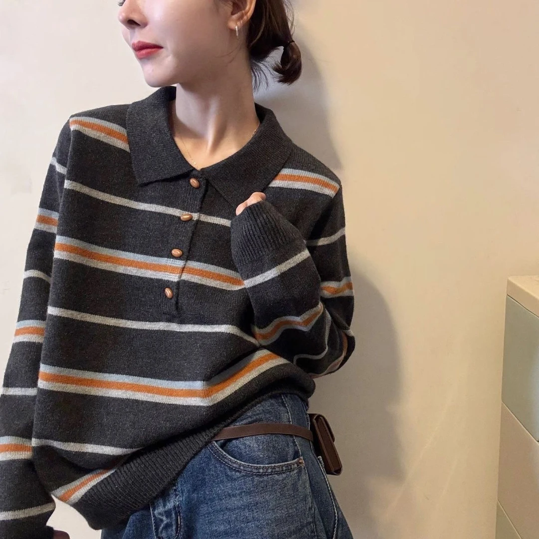 宽松显瘦【80-200斤】别致翻领条纹针织衫女秋冬慵懒风洋气百搭上衣