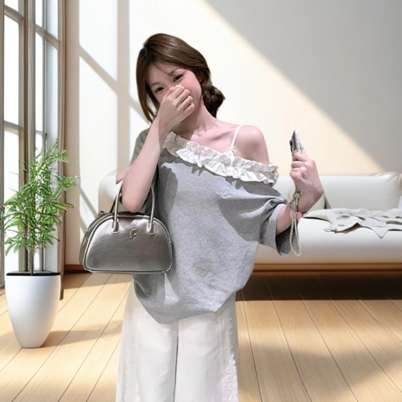 MARIE.COCO夏季新款韩系花边斜肩T恤上衣高腰显瘦阔腿休闲裤套装