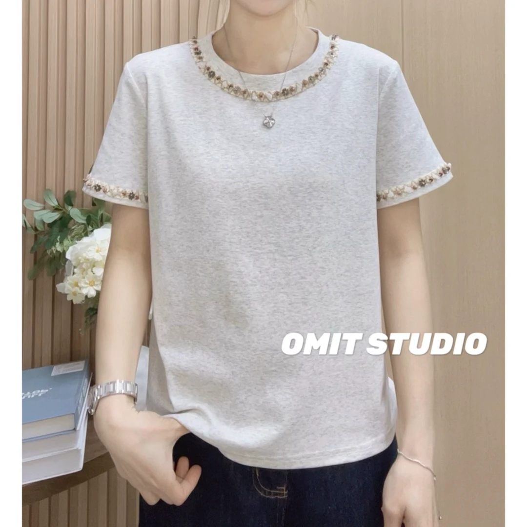 民族风T】新款正肩弹力棉立体工艺编织常规版短袖