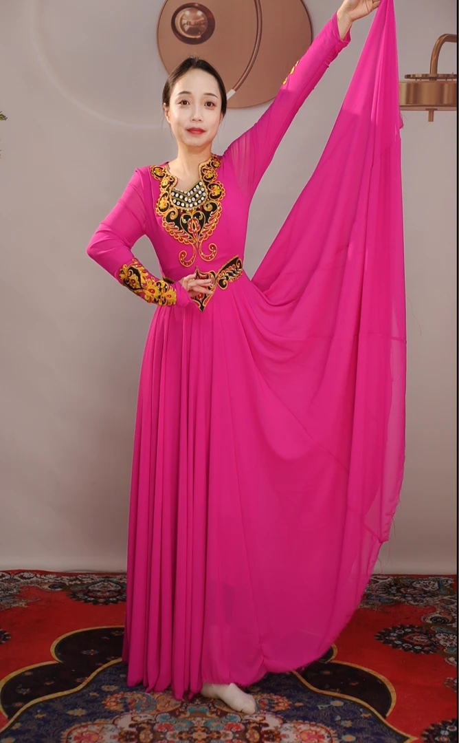 新疆民族风重工刺绣720连衣裙古风新疆舞舞台长款飘逸/芙蓉沙