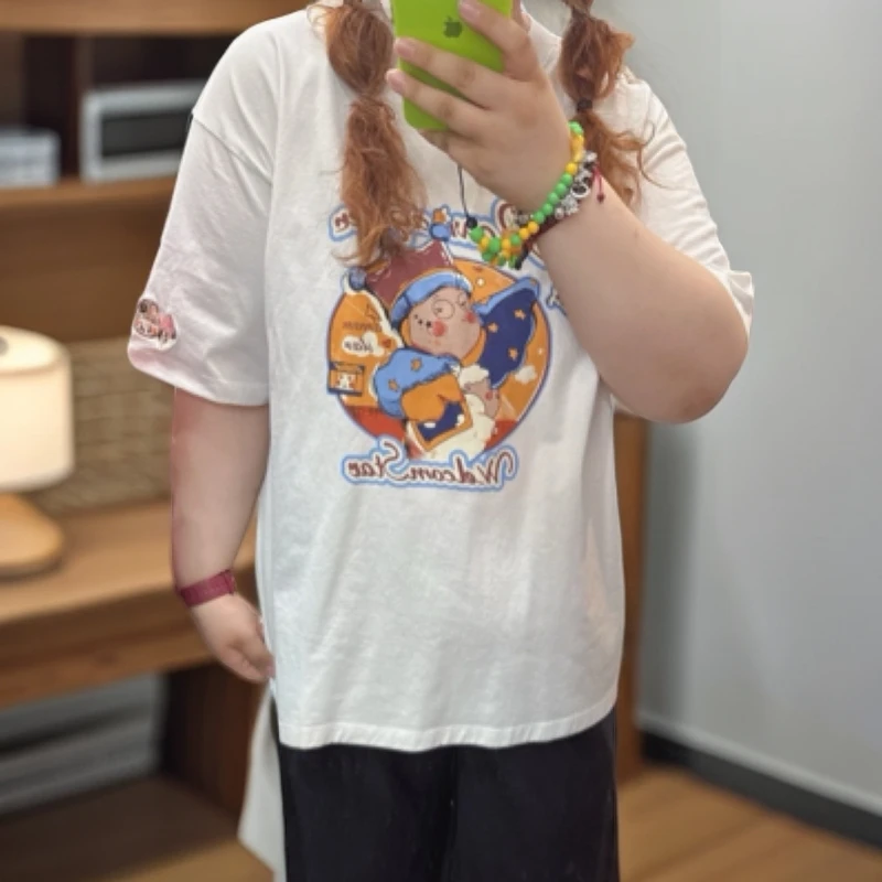 短袖圆领中长款宽松型印花大码T恤女士夏季