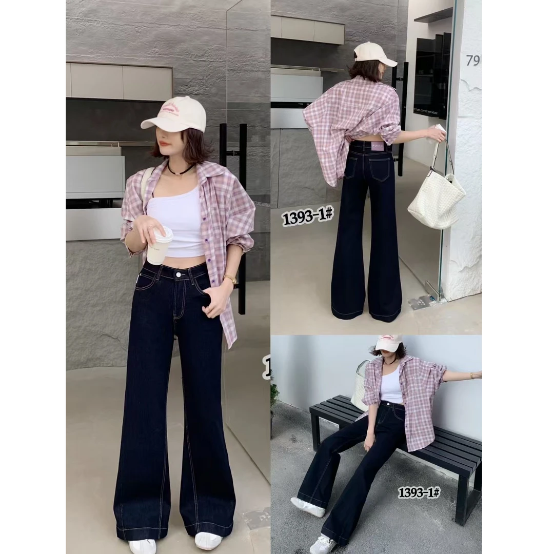 深蓝美式复古微喇牛仔裤新款低腰垂感显瘦百搭直筒拖地裤子1393