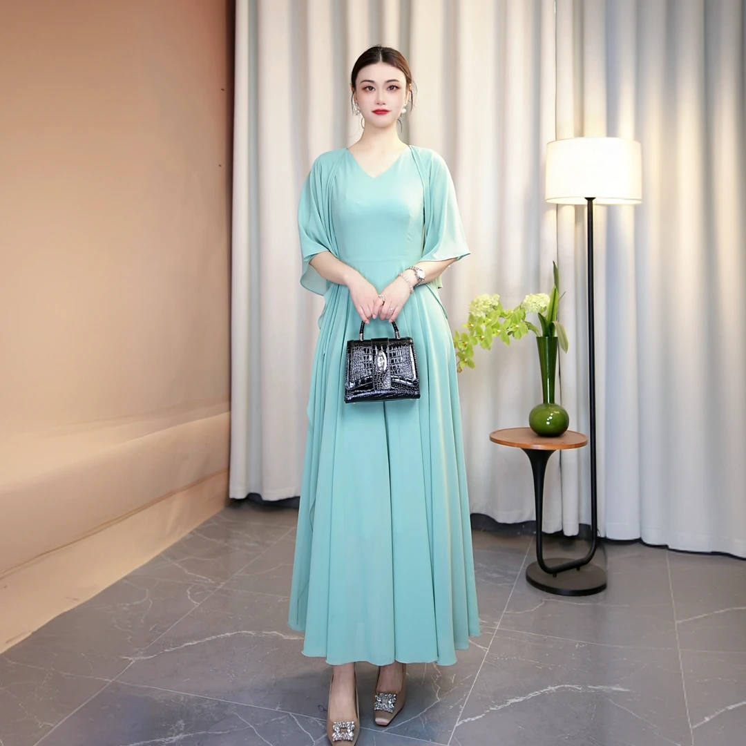 春夏新款无袖披风小香风连衣裙豆绿色大摆长裙X680-85A