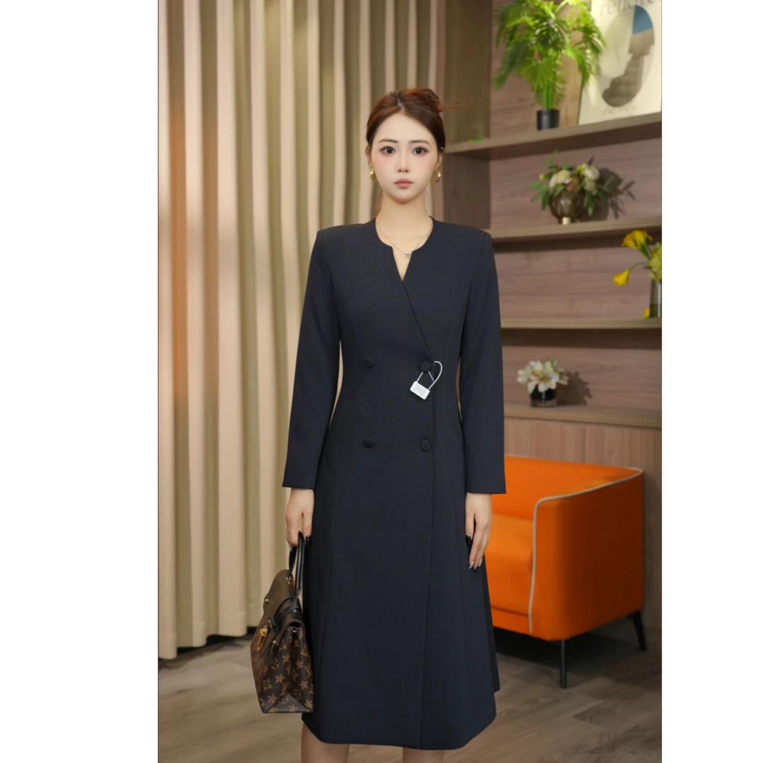 Q8037藏蓝色连衣裙女2025秋季新款时尚气质通勤韩系百搭西装裙X