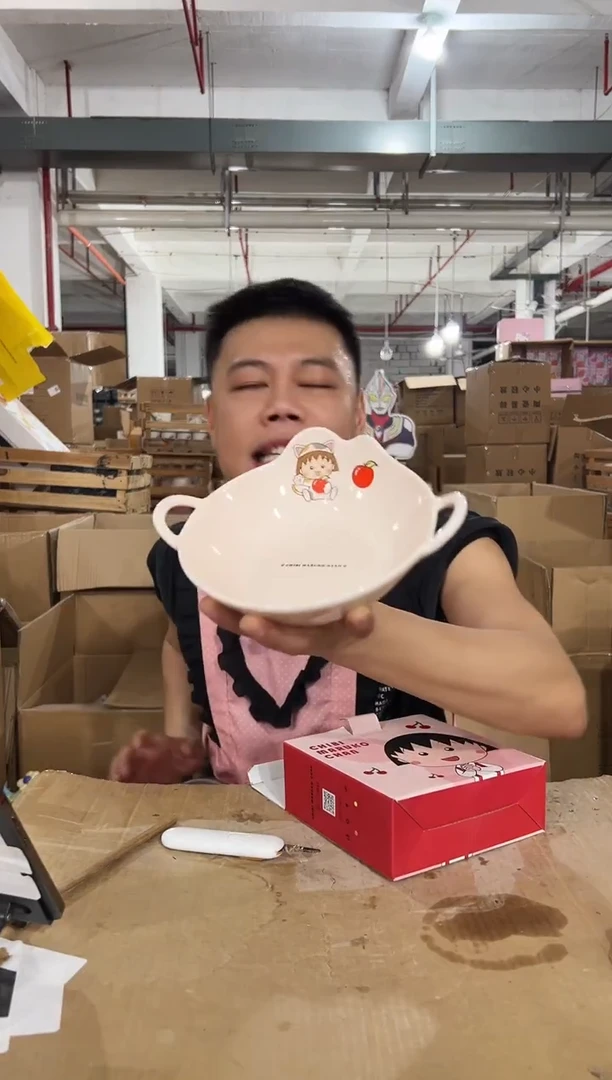 原盒粉色樱桃小丸子苹果双耳小碗