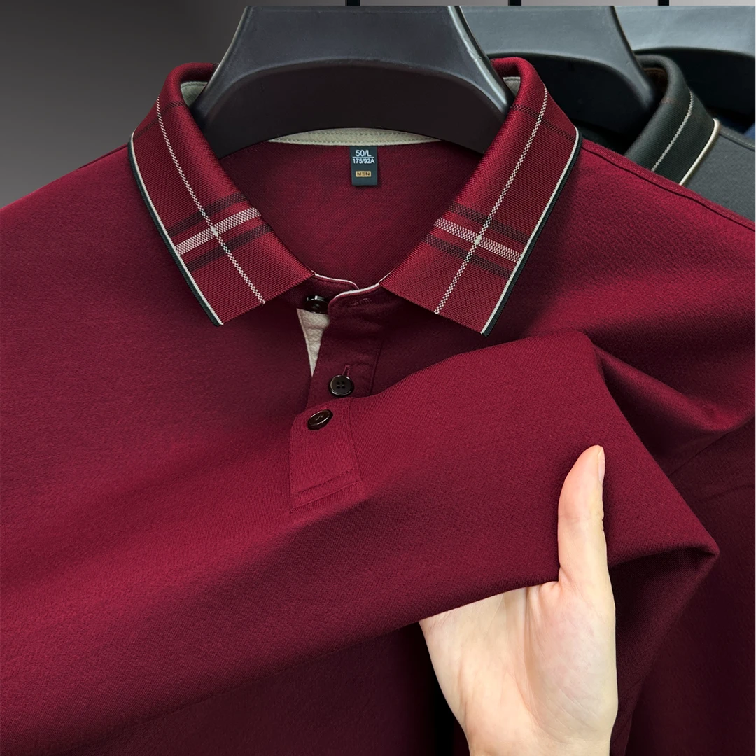 John Bunni高档莫代尔棉长袖T恤男士春秋新款商务休闲红色POLO衫