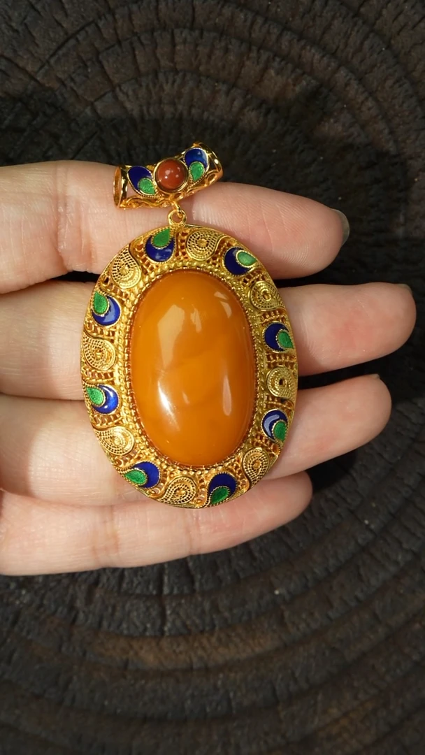 蜜蜡吊坠(赠链)银S925镶嵌珐琅彩