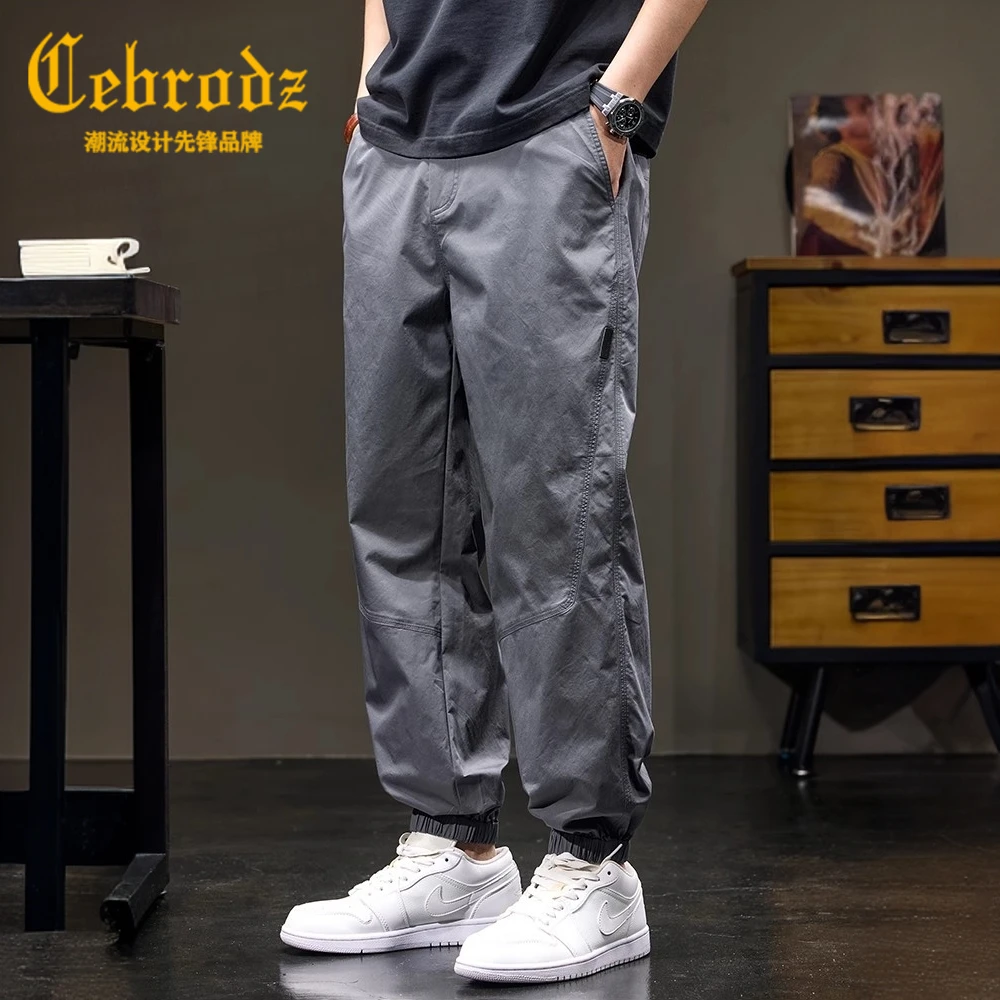 Cebrodz夏季薄款工装休闲裤男士宽松潮牌复古拼接束脚速干运动裤