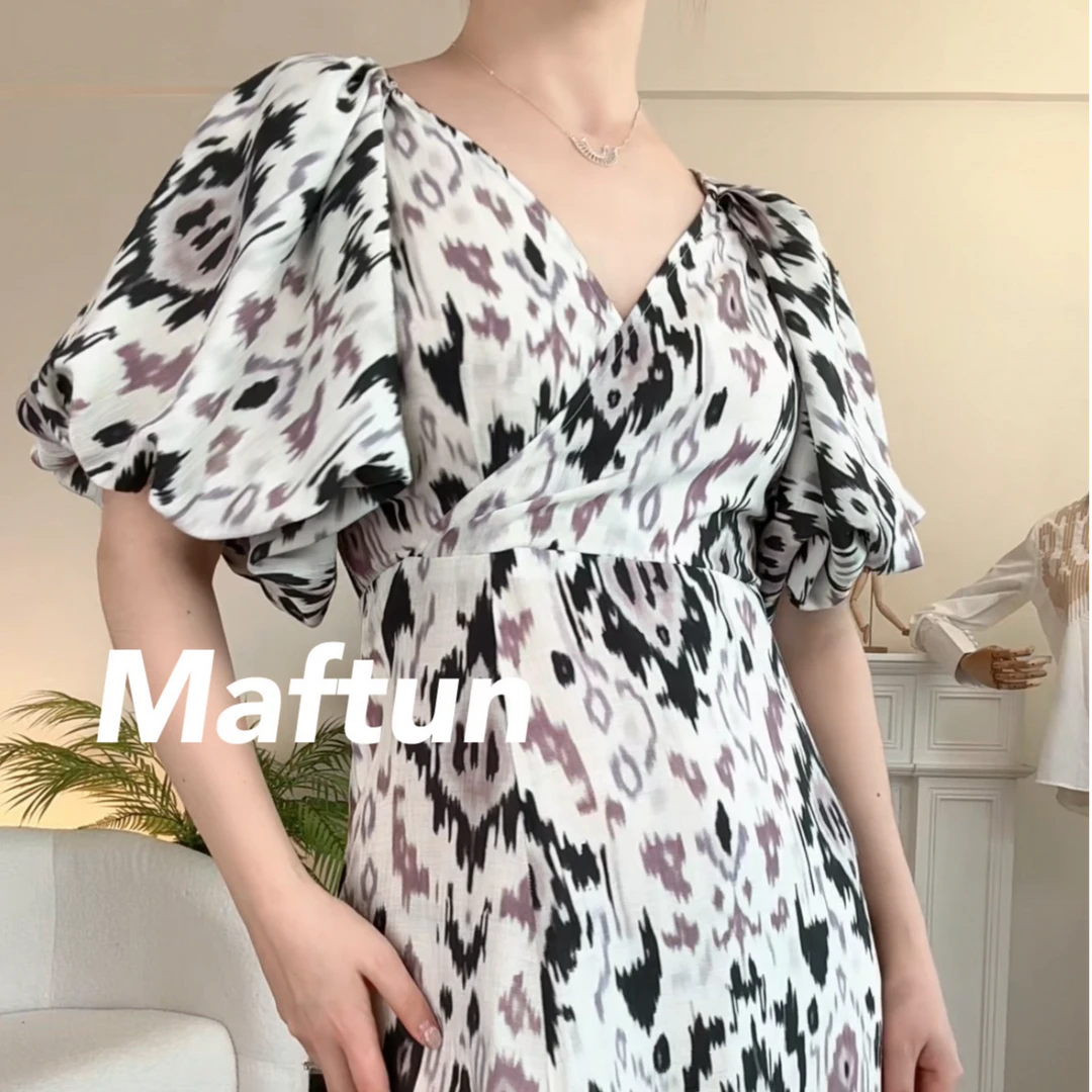 Maftun原创民族风Atlas泡泡袖V领爆款正品修身显瘦夏季连衣裙