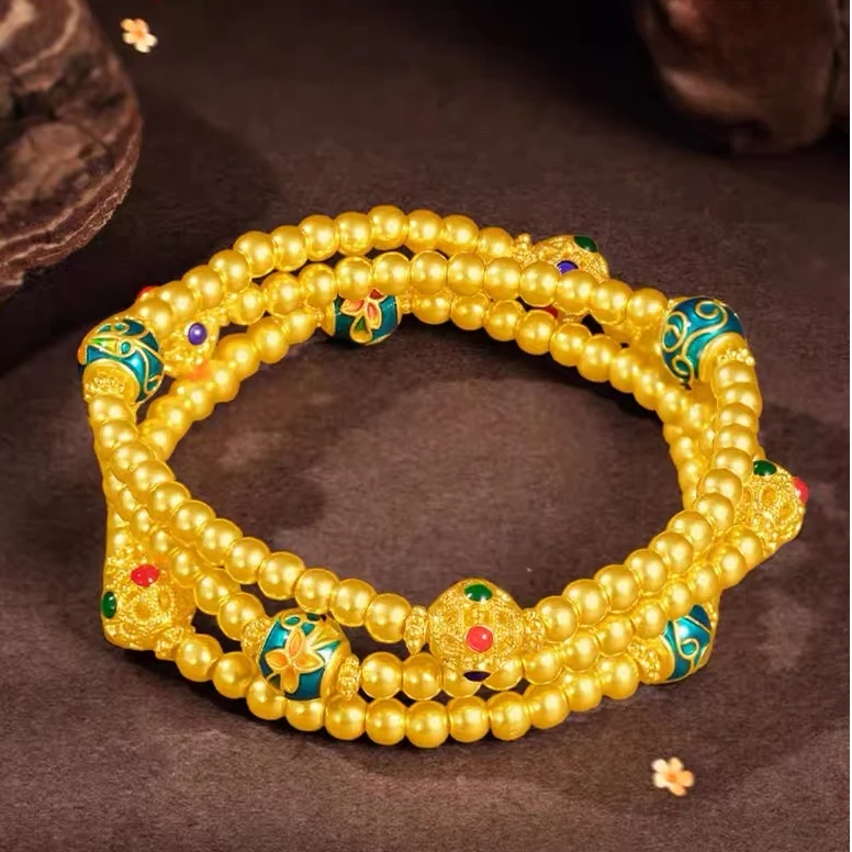 【鸣钻国际MZ】足金999 水贝花丝三圈手链项链双戴生日礼物 HJS1438