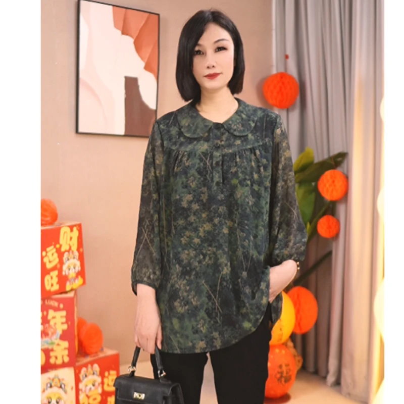 大码女装水墨画印染衬衫娃娃领早春新款八分袖衬衣中老年妈妈装