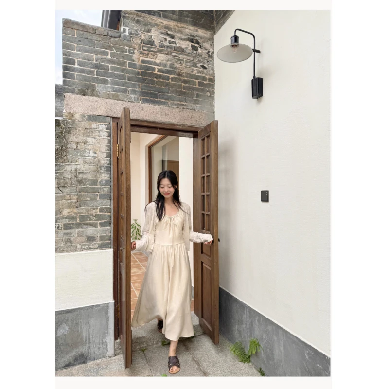 YSHUO【优雅长裙】气质简约背带吊带抽绳设计感U领显瘦连衣裙8376