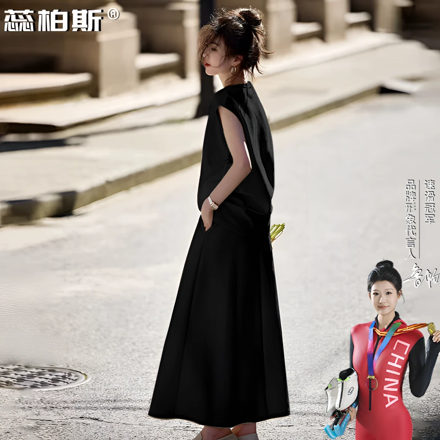 夏季女新款短袖显瘦套装气质简约时尚减龄法式小飞袖套裙