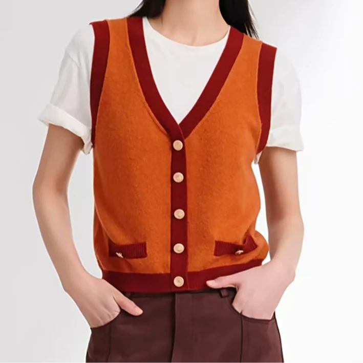 宝丫轻奢  T女式复古气质撞色边V领无袖背心针织开衫K866